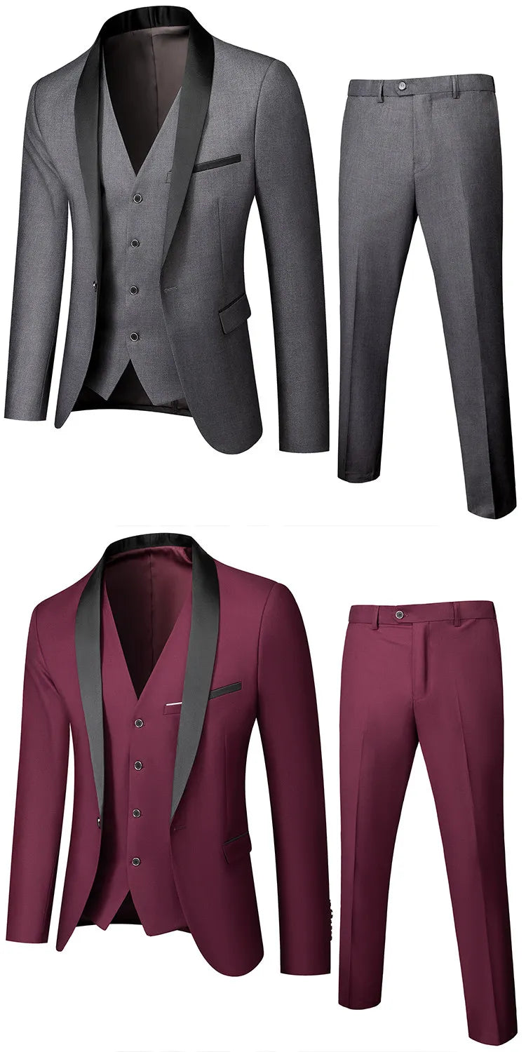 US Size Men Lapel Black Collar 3 Pcs Suit Set Coat Vest Trousers / Business Groom Wedding Dress Fprmal Blazer Pants Waistcoat