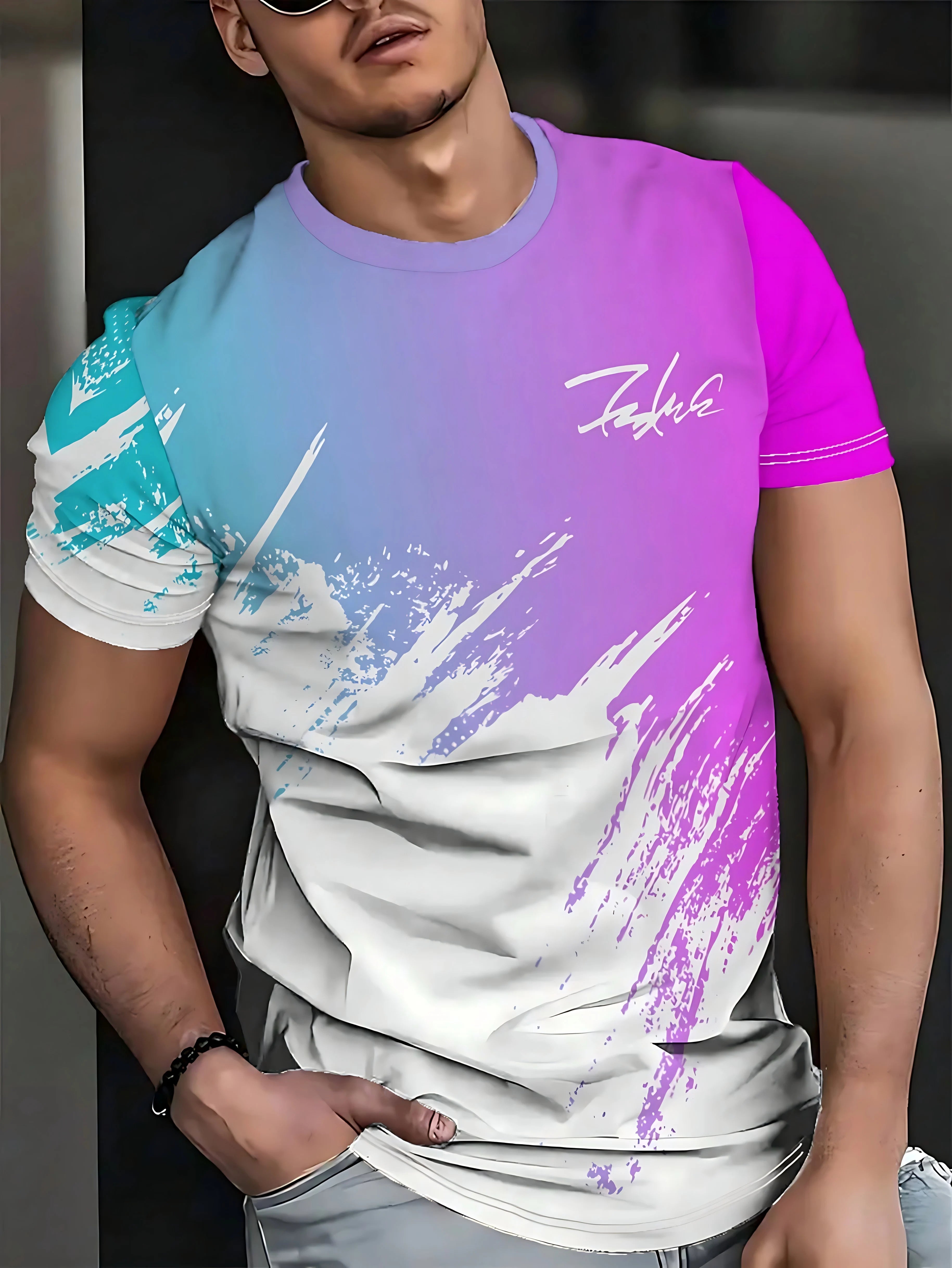 Camiseta Masculina com Estampa Gradiente 3D - Casual Macia Respirável Verão 2025