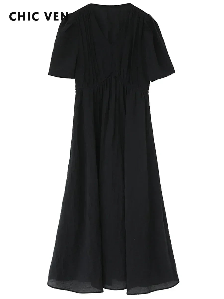 Vestido Longo Feminino Estilo Francês Vintage - Decote V Manga Bufante Preto Solto