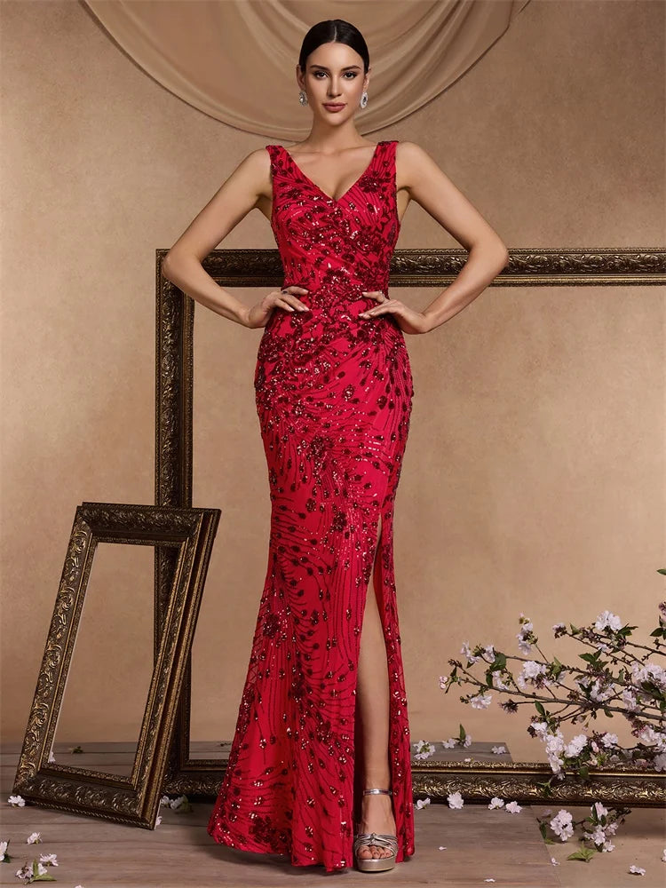 Elegant Slit Evening Dress 2024 Women Long Mermaid Formal Sequrins Sexy V-neck Caicktail Wedding Party Prom Dresses
