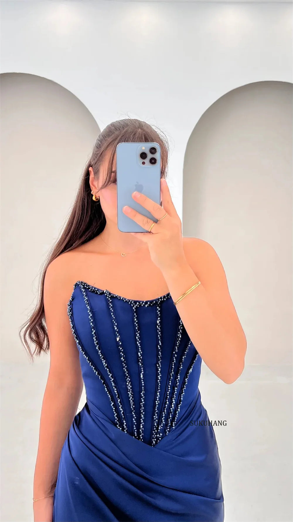 Customized Blue Evening Dress Satin Strapless Prom Dress Formal Party Gown with Beaded Sexy Split Formal Women Dress