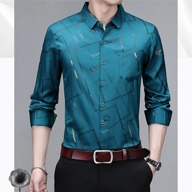 Camisa Masculina Manga Longa Estampada - Sem Amassado Business Casual