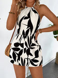 Macacão Feminino Halter com Estampa de Folhas Preto e Branco - Verão Casual
