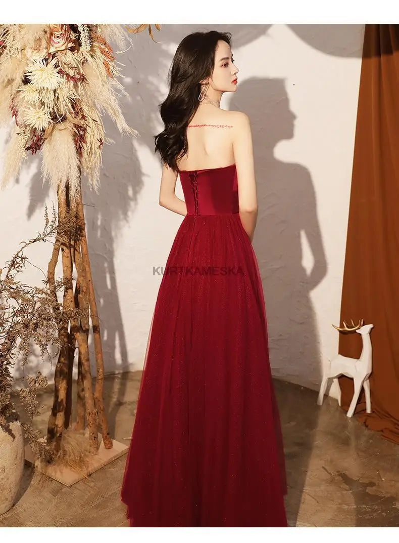 Satin Strapless Evening Prom Dresses for Women Summer 2026 Elegant Sexy Ruched Mesh Long Formal Party Show Host Dress Vestidos