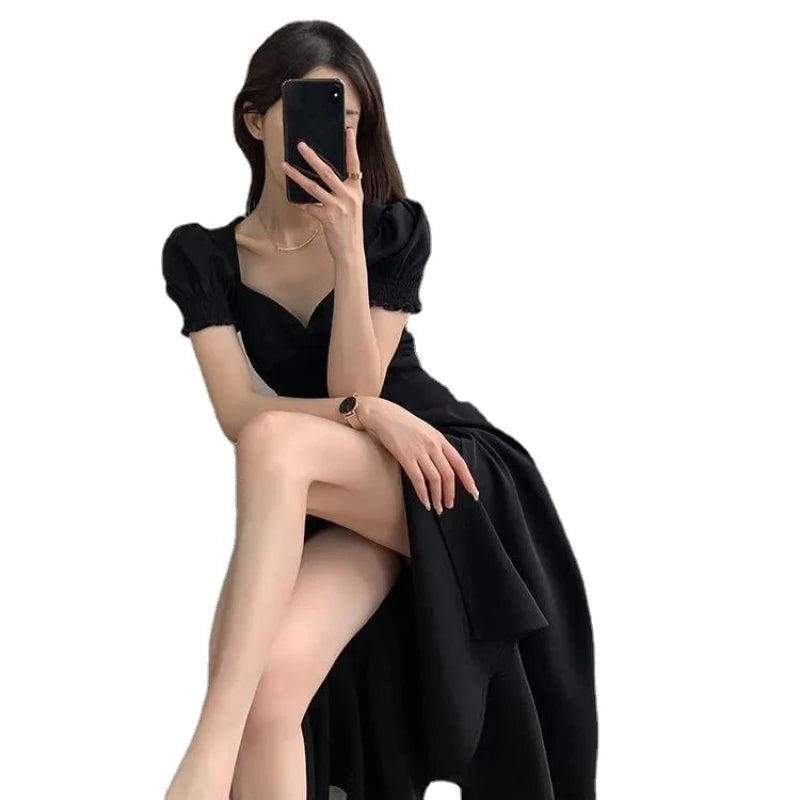 Women Summer V-neck Puff Short-sleeved Dress Elegant Female Side Slit Long A-Line Dresses Solid Sexy Slim Evening Party Vestidos