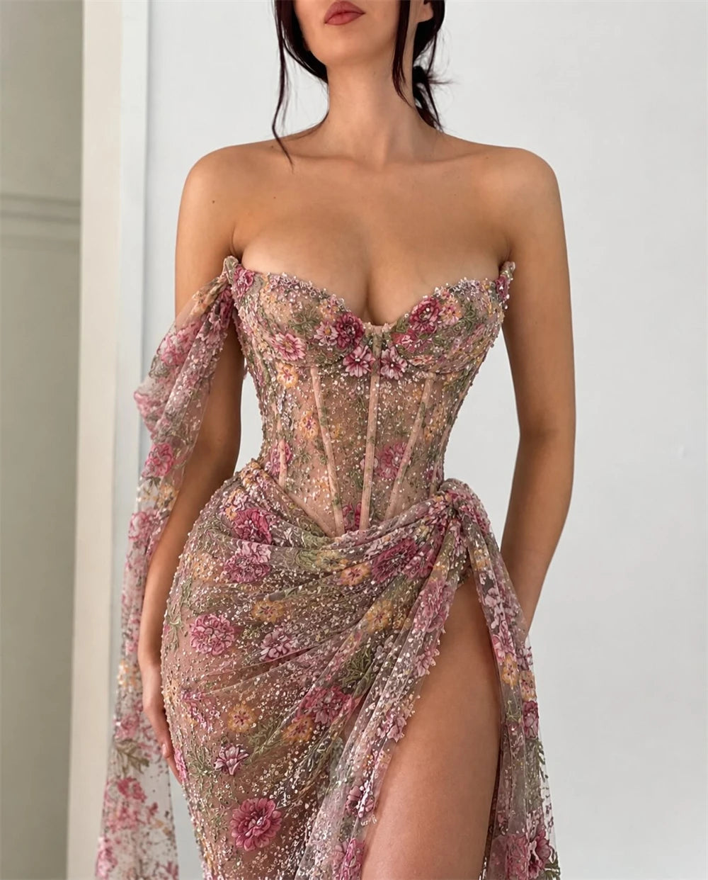 Mila Customized One Shoulder High Slit Foral Embroidery Prom Dress Mermaid Pleats Formal Evening Floor-Length Vestidos De Fiesta