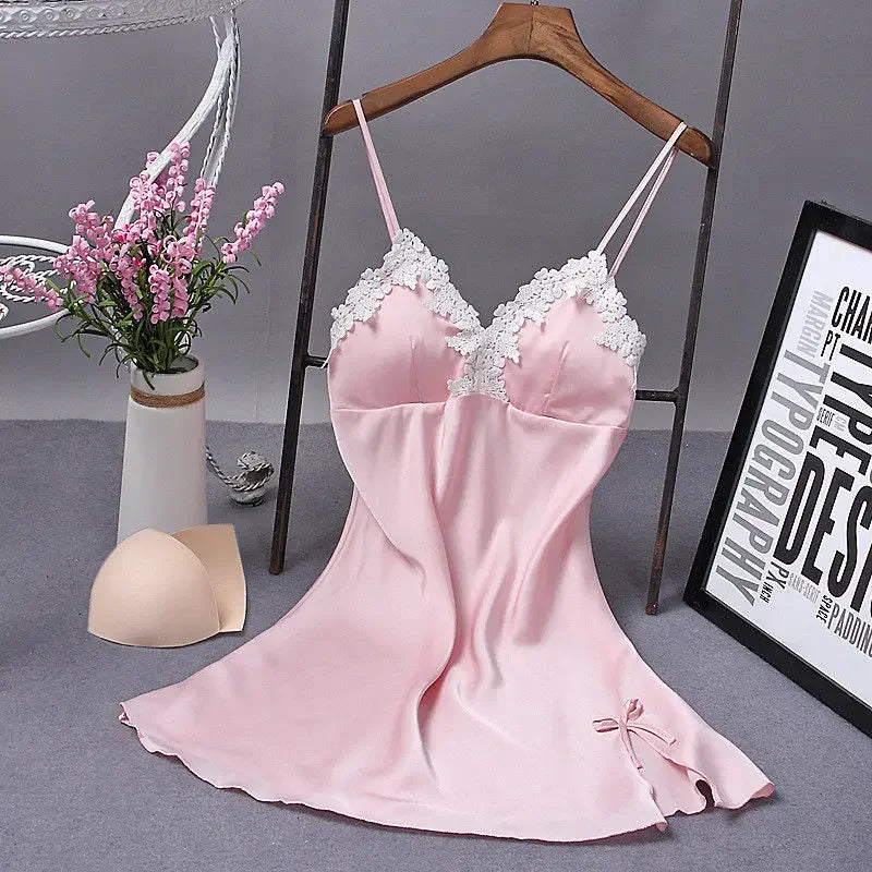 Camisola Feminina de Seda com Decote V - Lingerie Sexy Sleepwear Verão