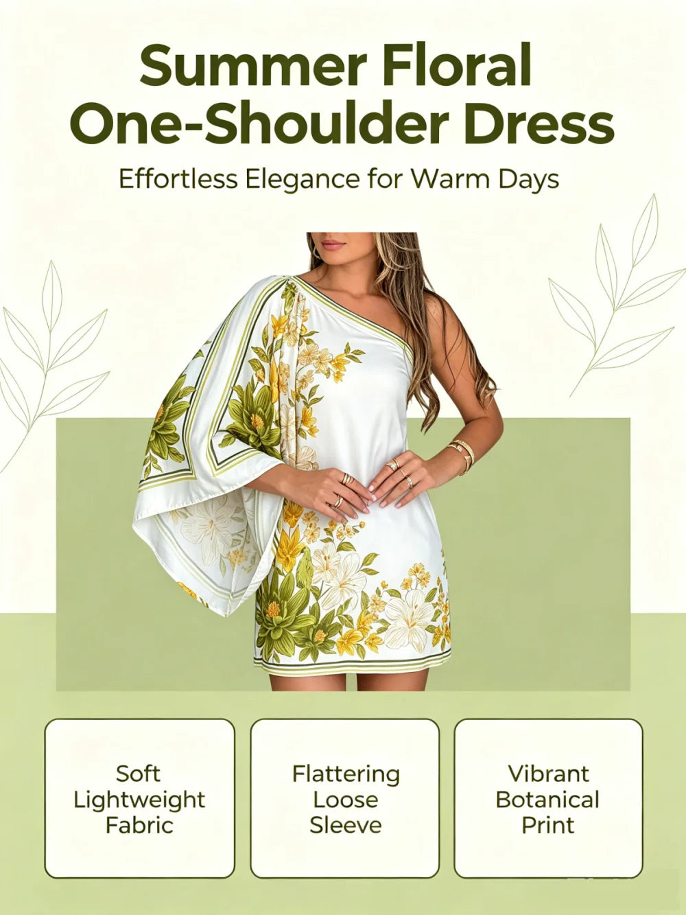 One Shoulder Batwing Sleeve Mini Dress Women Elegant Yellow Floral Print Satin Short Dress Summer Vacation Beach Party Bodycon D