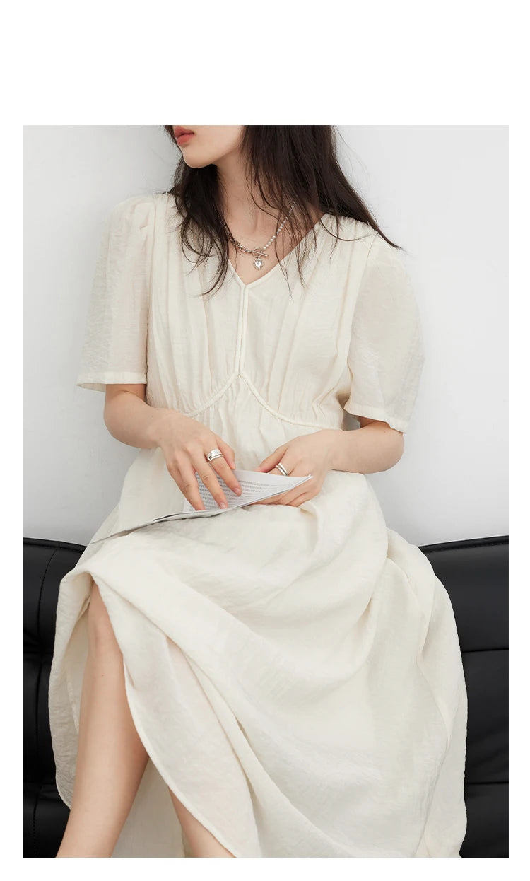 Vestido Longo Feminino Estilo Francês Vintage - Decote V Manga Bufante Preto Solto