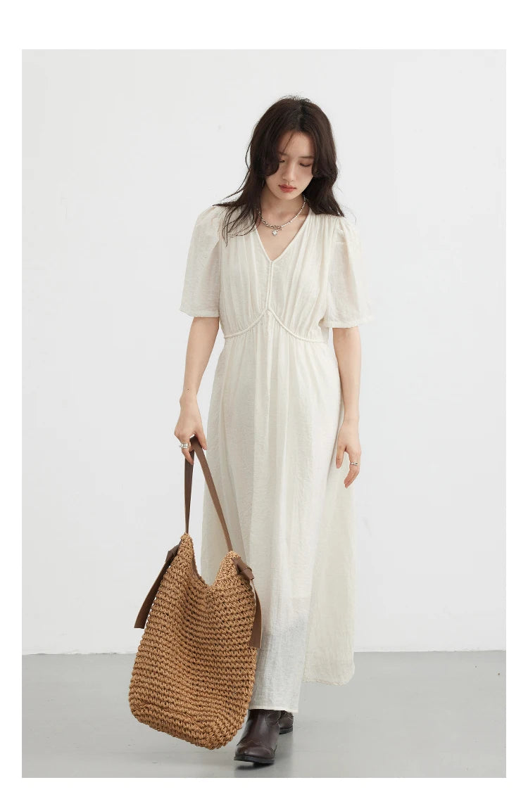 Vestido Longo Feminino Estilo Francês Vintage - Decote V Manga Bufante Preto Solto