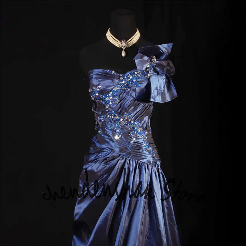 Deep Navy Blue Satin One-Shoulder Women Evening Dresses Floor-Length Formal Wedding Guest&Prom Gown with Sequin Embellishments