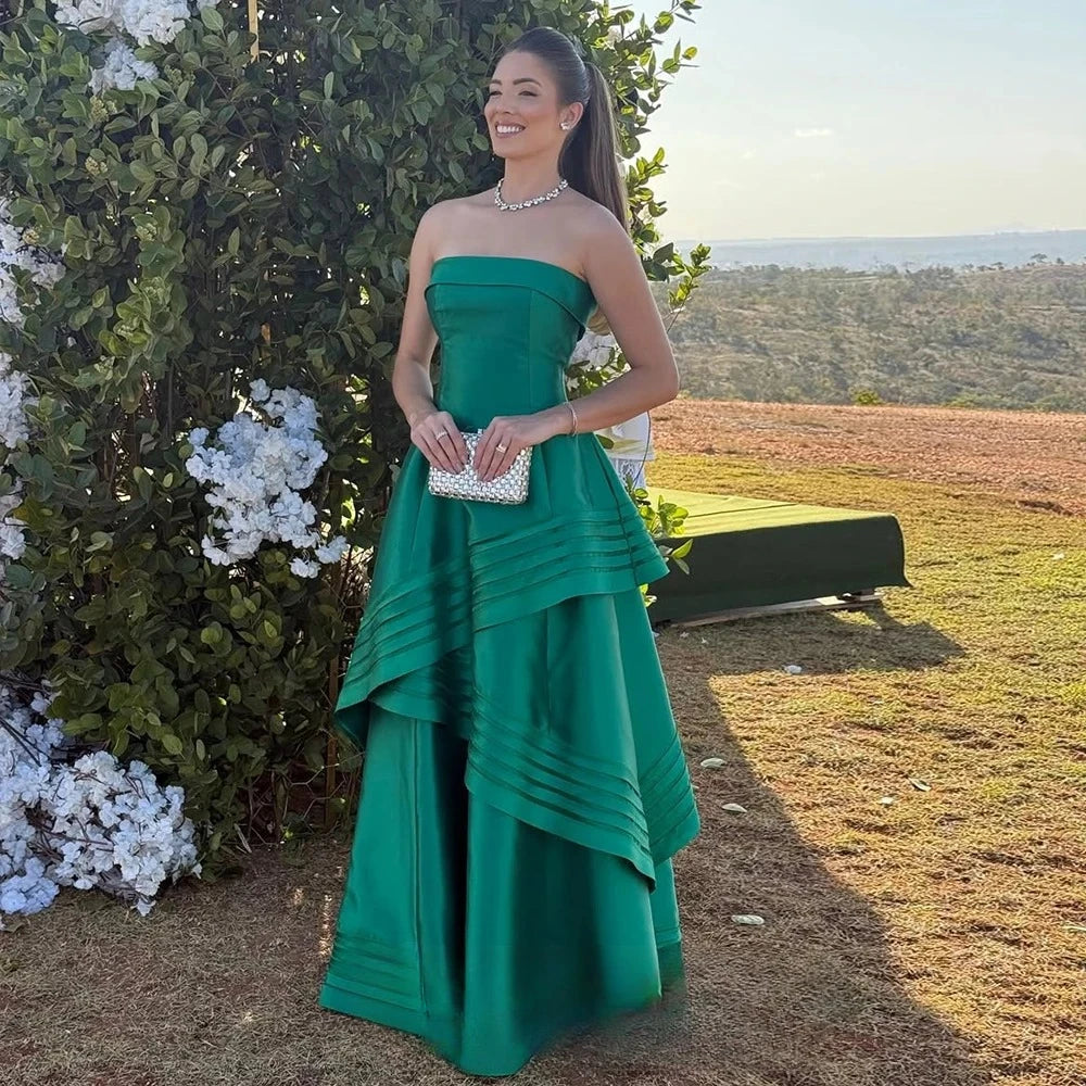 Green Women Evening Dress Strapless Draped A-Line Elegant Prom Dress Customized Satin Party Gown for Special Occasion