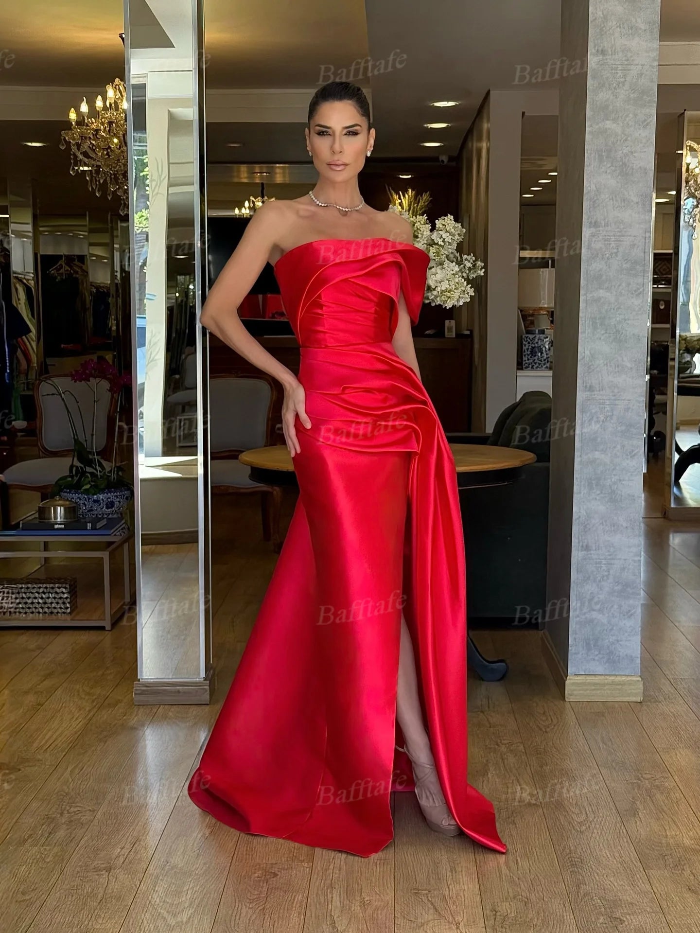 Bafftafe Mermaid Red Satin Evening Gowns Customized One Shoulder Pleated Slit Side Women Prom Dresses Formal Party Special Gowns