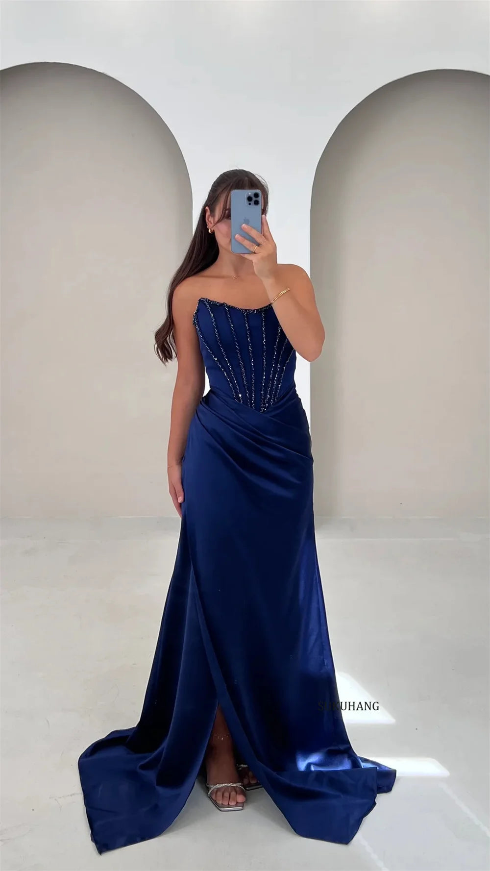 Customized Blue Evening Dress Satin Strapless Prom Dress Formal Party Gown with Beaded Sexy Split Formal Women Dress
