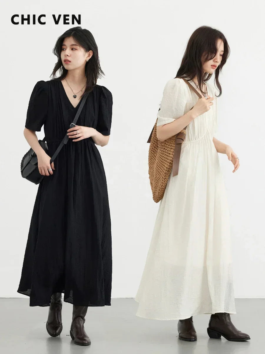 Vestido Longo Feminino Estilo Francês Vintage - Decote V Manga Bufante Preto Solto