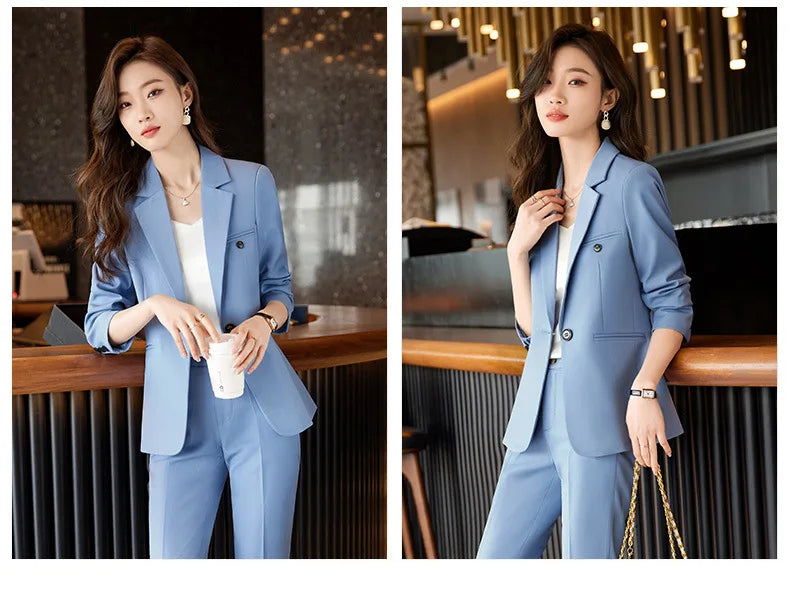 Blue/Coffe/khaki casual business women' suit spring and autumn high-end workplace temperament double-breasted suit trousers suit