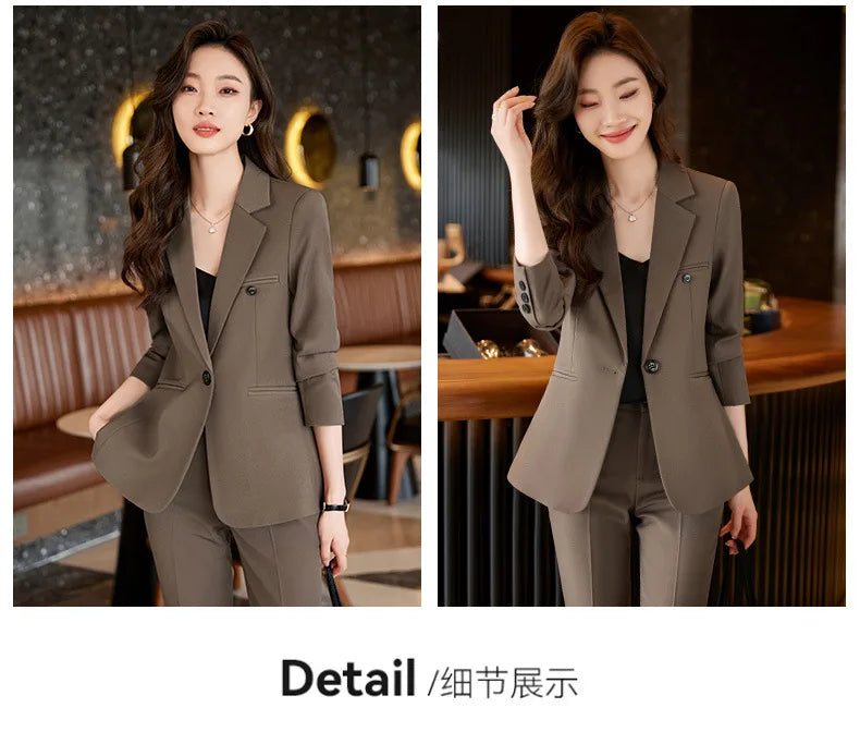 Blue/Coffe/khaki casual business women' suit spring and autumn high-end workplace temperament double-breasted suit trousers suit