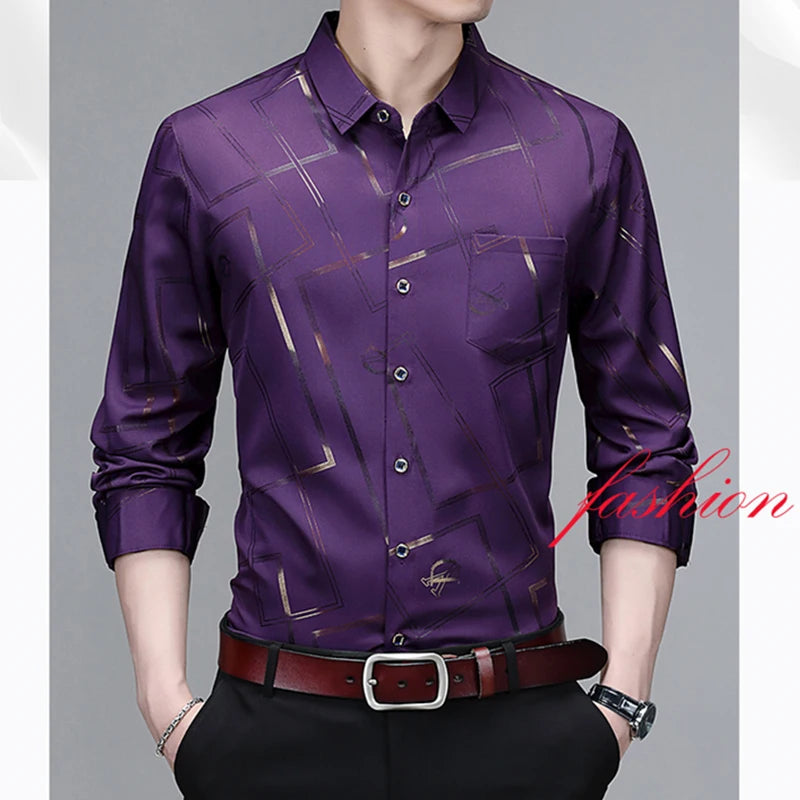 Camisa Masculina Manga Longa Estampada - Sem Amassado Business Casual