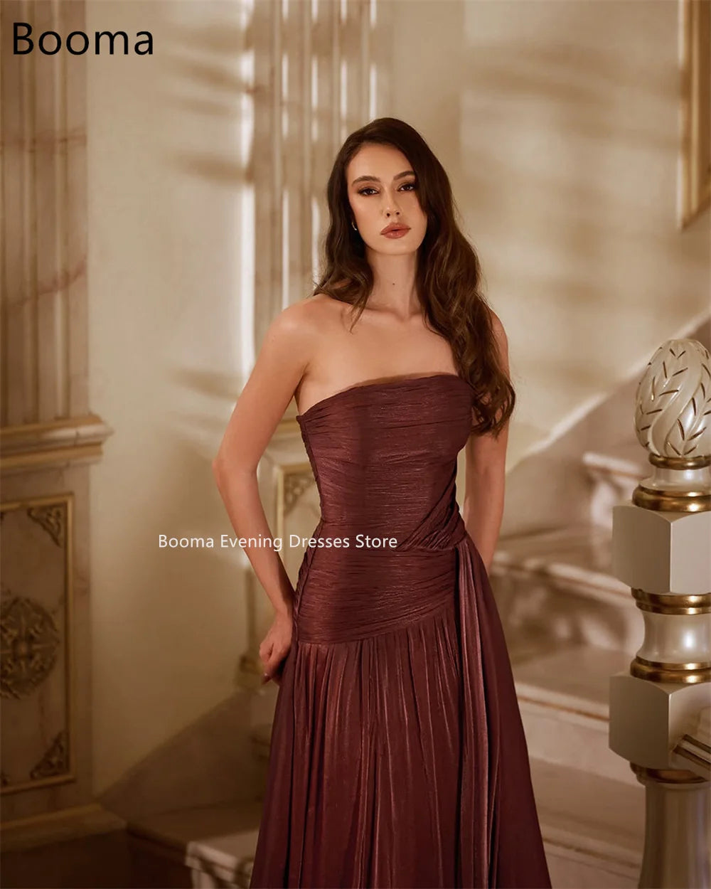 Booma Mermaid Strapless Pleat Shiny Brown Evening Dresses Formal Party Gowns for Women Sleeveles Elegant Prom Gown Customize