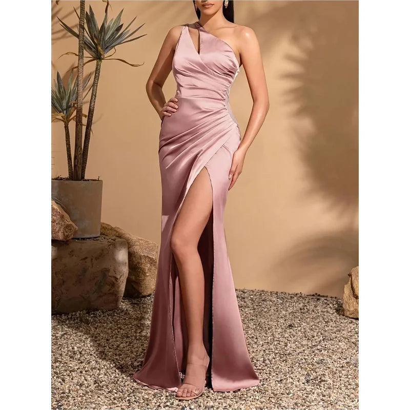 Women's Asymmetric One-Shoulder Satin Maxi Dress Lustrous Glossy Fabric Cutout Formal Dress for Weddings And Special Occasions