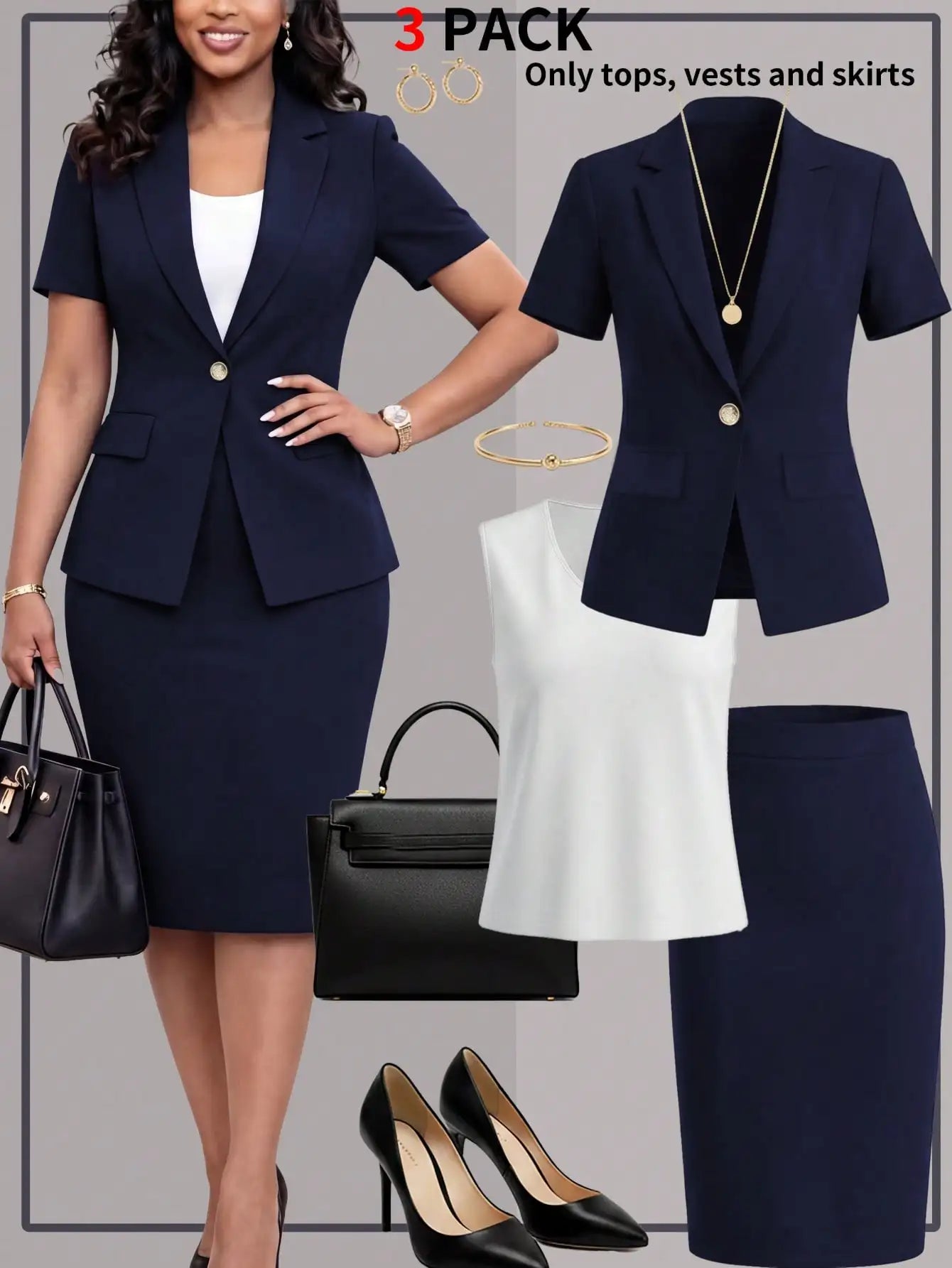 Women's elegant business-style short-sleeve blazer set for spring and summer, paired with a solid-color camisole and a knee-length skirt. Ideal for job interviews, business office wear, and fashionable commuting.
