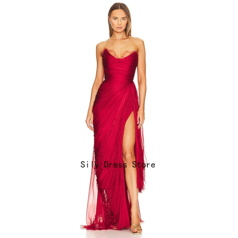 Customized Red Evening Dresses Long Pleated Party Dress with Lace Draped Elegant Modern Formal Prom Gowns for Women 2026