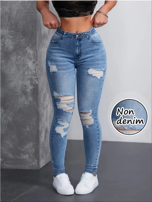 Calça Legging Feminina Estampada Imitando Jeans - Alta Elasticidade Sem Costura Esportiva