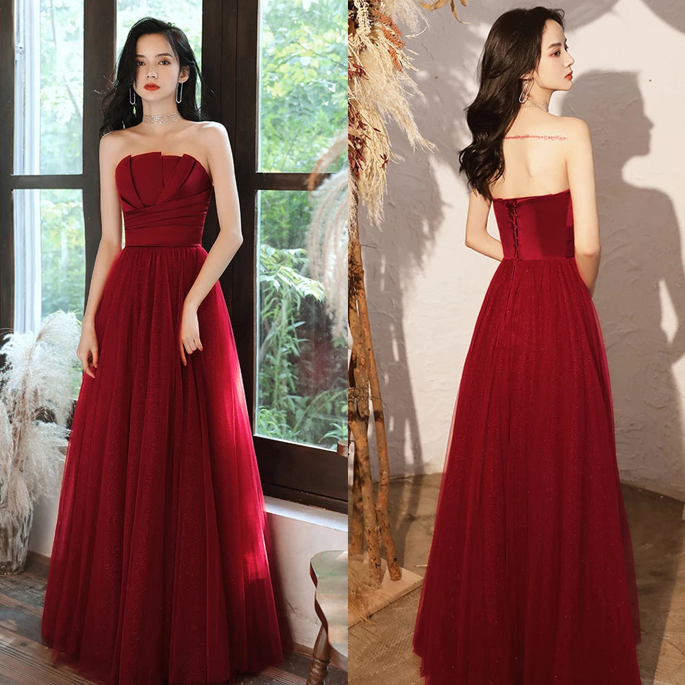 Satin Strapless Evening Prom Dresses for Women Summer 2026 Elegant Sexy Ruched Mesh Long Formal Party Show Host Dress Vestidos