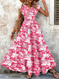 Vestido Longo Feminino Vintage Floral com Decote V - Manga Curta Retrô Elegante 2026