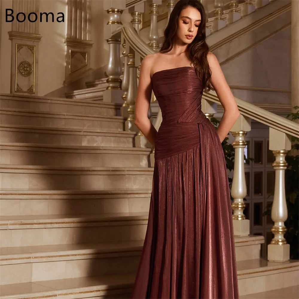 Booma Mermaid Strapless Pleat Shiny Brown Evening Dresses Formal Party Gowns for Women Sleeveles Elegant Prom Gown Customize