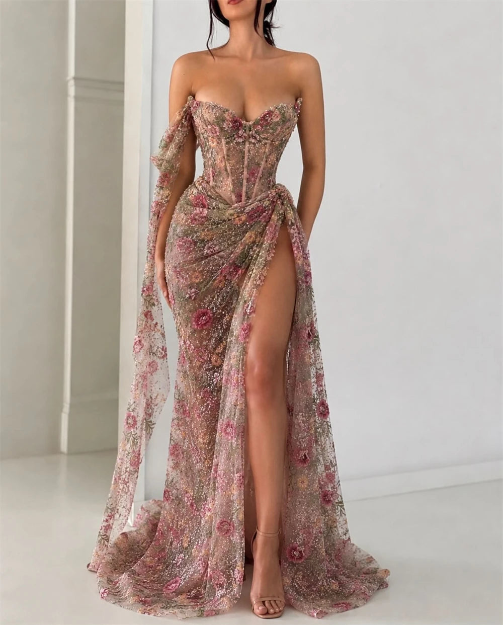 Mila Customized One Shoulder High Slit Foral Embroidery Prom Dress Mermaid Pleats Formal Evening Floor-Length Vestidos De Fiesta