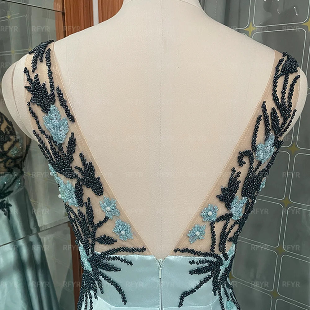 RFYR Spaghetti Strap Blue Formal Dresses Deep V Neck Party Dress For Wedding Appliques Lace Special Occasion Dresses Customized
