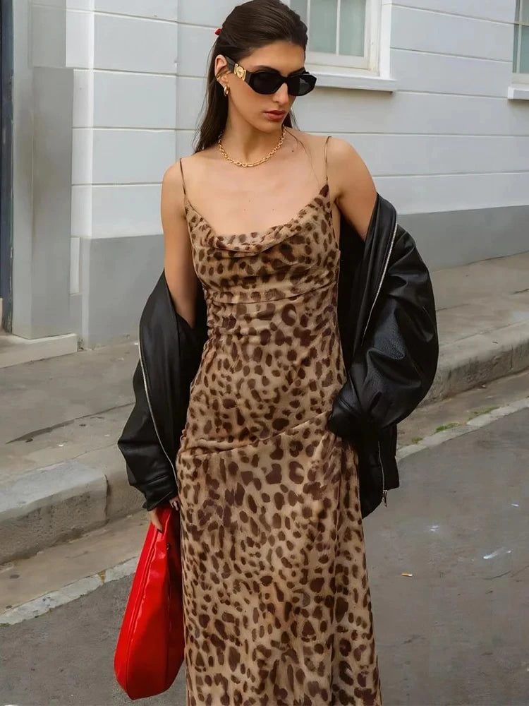 Vestido Feminino com Estampa de Leopardo - Sexy Alças Finas Babados Festa Clube
