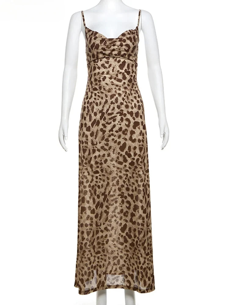 Vestido Feminino com Estampa de Leopardo - Sexy Alças Finas Babados Festa Clube