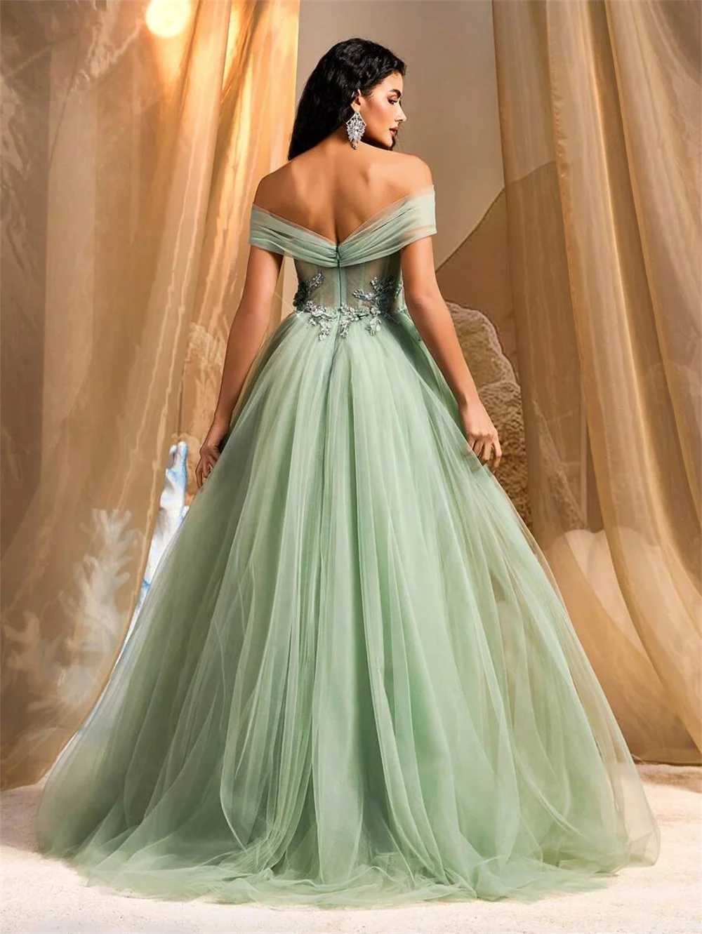 Customized Sage Green Off Shoulder Prom Dress Floral Appliques Tulle Formal Evening Gown for Women Wedding Party Quinceanera