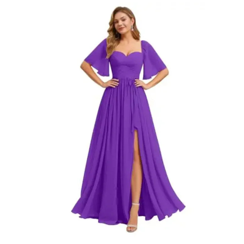 A Line Short Sleeve Chiffon Bridesmaid Dresses One Shouder Slit Pleat Elegant Wedding Party Formal Prom Evening Lace Up Back
