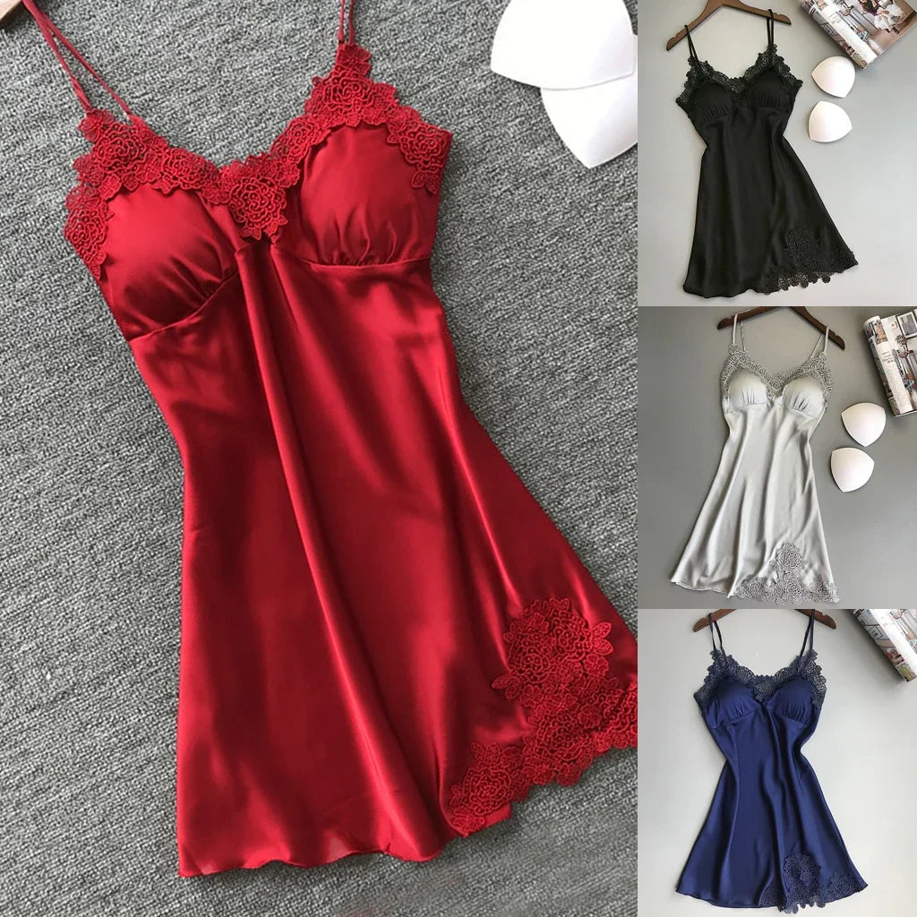 Camisola Feminina de Seda com Decote V - Lingerie Sexy Sleepwear Verão