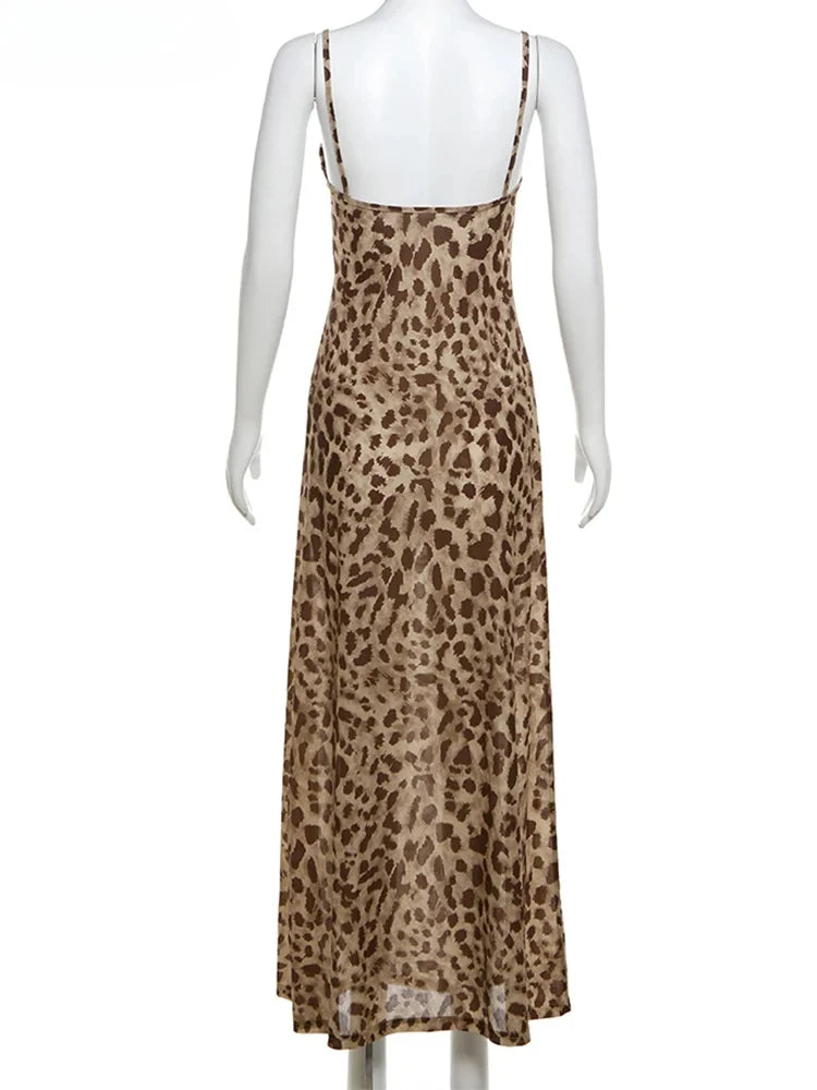 Vestido Feminino com Estampa de Leopardo - Sexy Alças Finas Babados Festa Clube