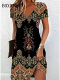 Vestido Feminino Casual Boho Praia - Estampa Floral Decote V Manga Curta Plus Size