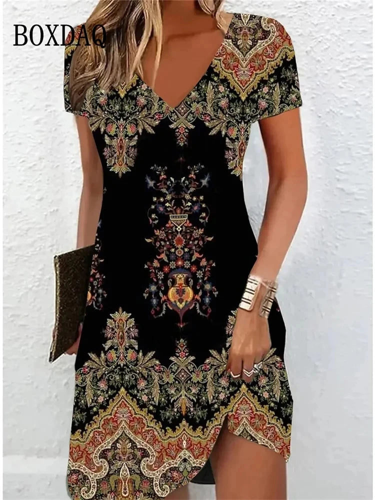 Vestido Feminino Casual Boho Praia - Estampa Floral Decote V Manga Curta Plus Size