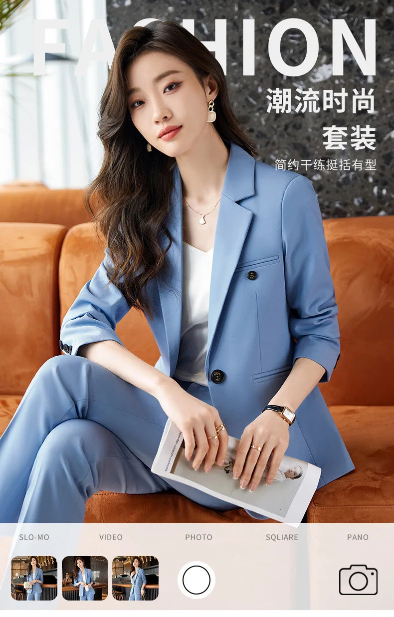 Blue/Coffe/khaki casual business women' suit spring and autumn high-end workplace temperament double-breasted suit trousers suit