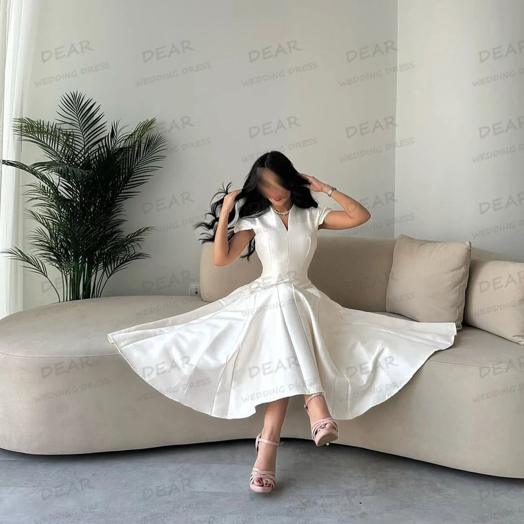 Simple A Line Wedding Dresses V Neck Cap Sleeve Women's Tea-Length Bridal Gowns Satin Formal Elegant Vestido De Novia Customized
