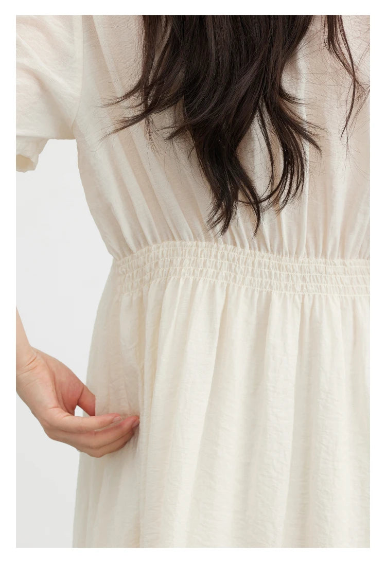 Vestido Longo Feminino Estilo Francês Vintage - Decote V Manga Bufante Preto Solto