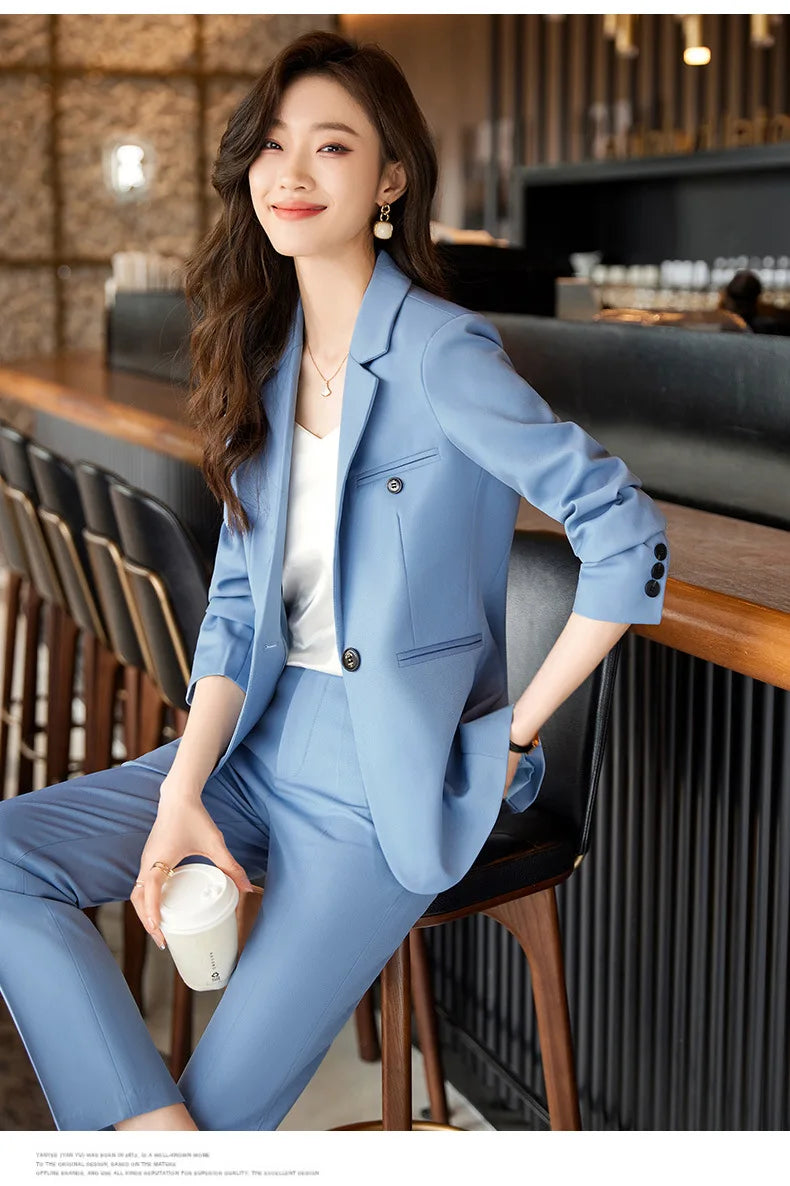 Blue/Coffe/khaki casual business women' suit spring and autumn high-end workplace temperament double-breasted suit trousers suit