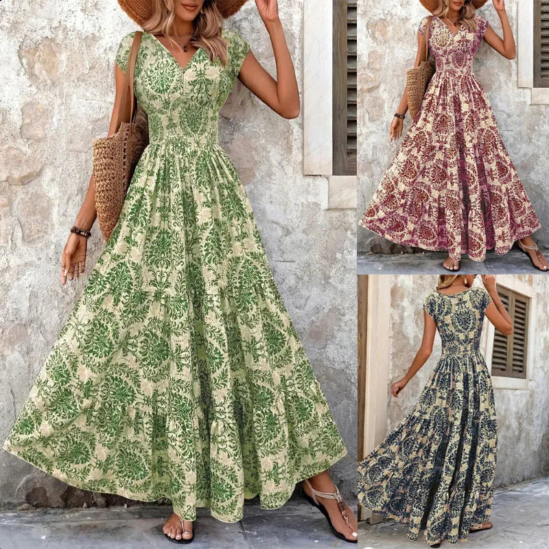 Vestido Longo Feminino Vintage Floral com Decote V - Manga Curta Retrô Elegante 2026
