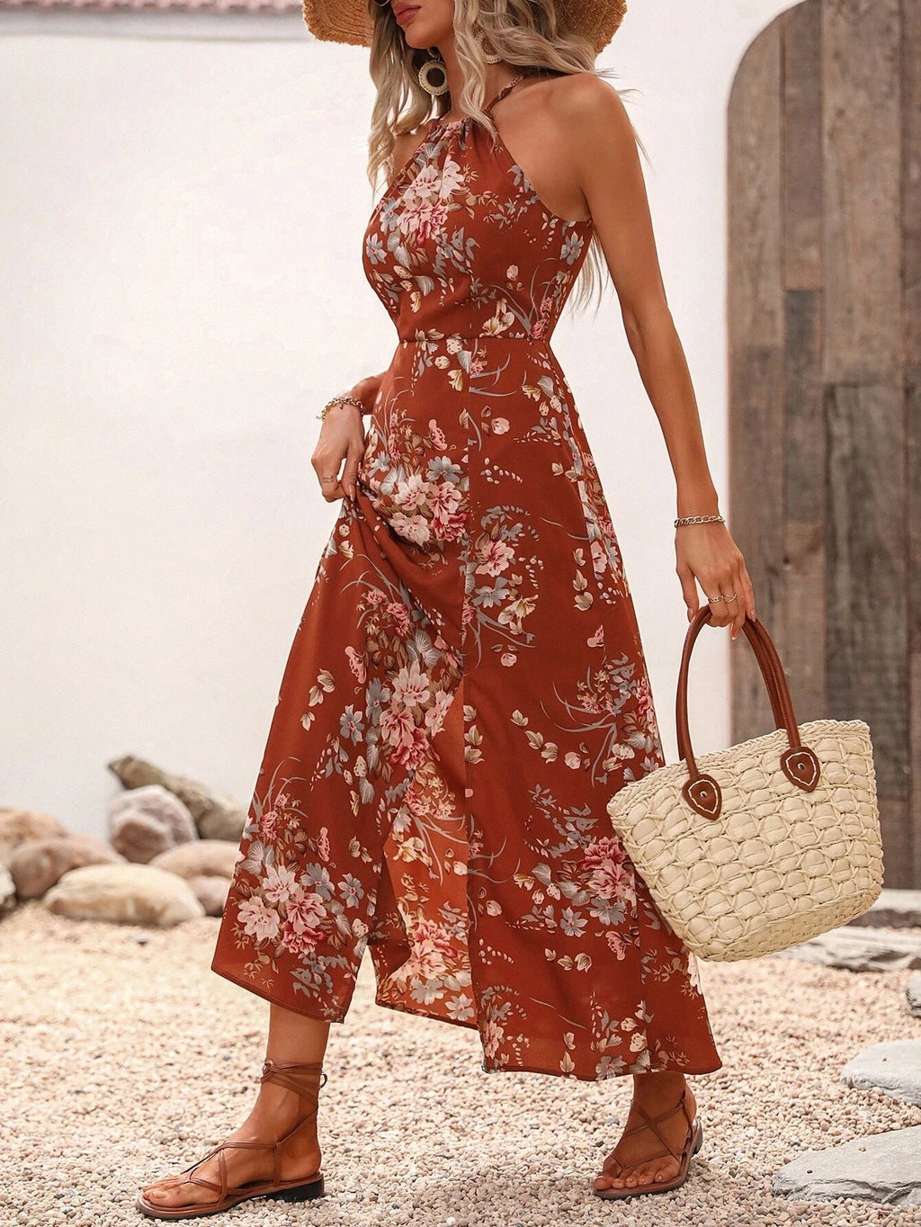 Vestido Halter Floral com Fenda Alta - Sleeveless Sexy Bodycon Praia Festa Verão