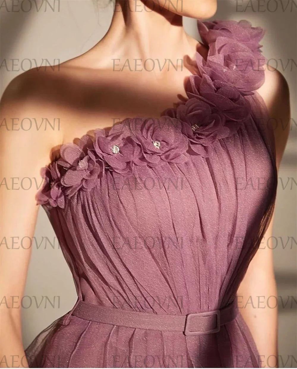 Customized Romantic Prom Dresses One-Shoulder 3D Appliques Pleat Ruffle Sleeveless Exquisite High Quality Party Gown for Women