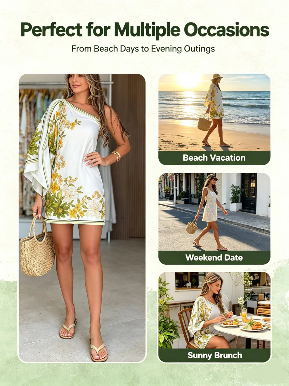 One Shoulder Batwing Sleeve Mini Dress Women Elegant Yellow Floral Print Satin Short Dress Summer Vacation Beach Party Bodycon D