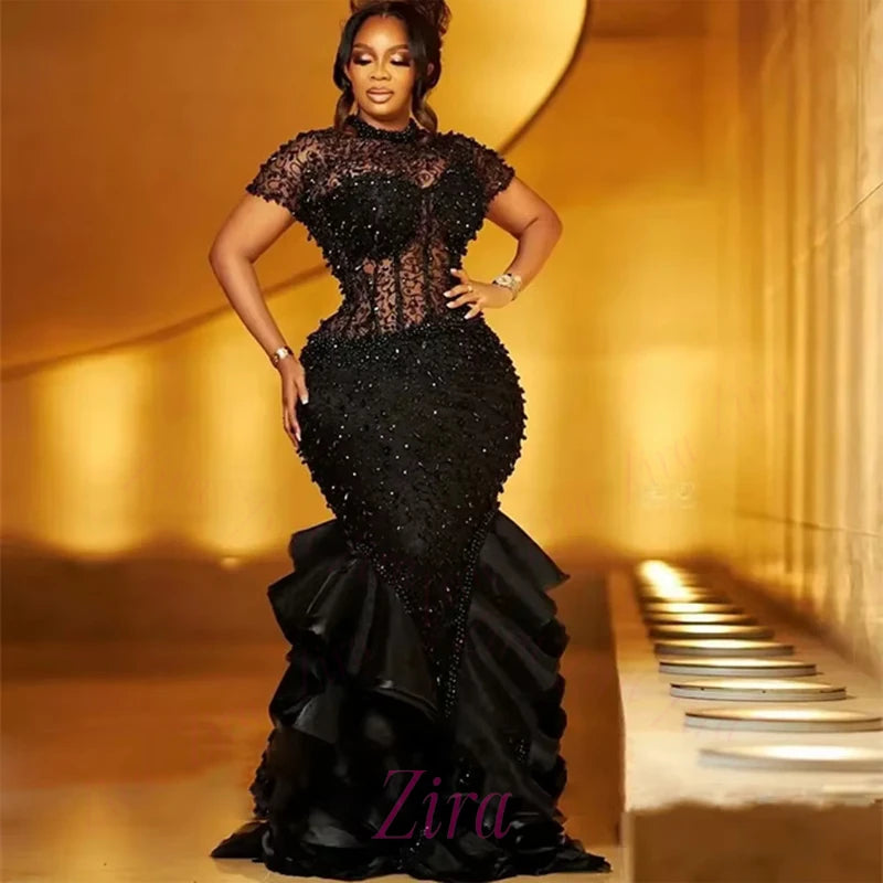 Black Beading Mermaid Evening Dresses Pearl Sequin Tiered Elegant Black Girl Wedding Birthday Party Prom Gown Vestido Customized