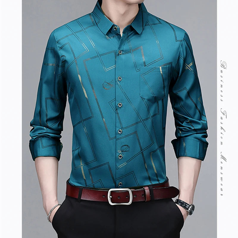 Camisa Masculina Manga Longa Estampada - Sem Amassado Business Casual